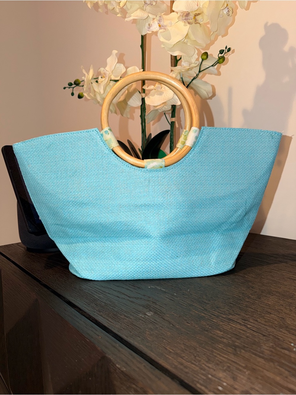 Estee Lauder aqua Straw Tote with Wooden Ring Handles